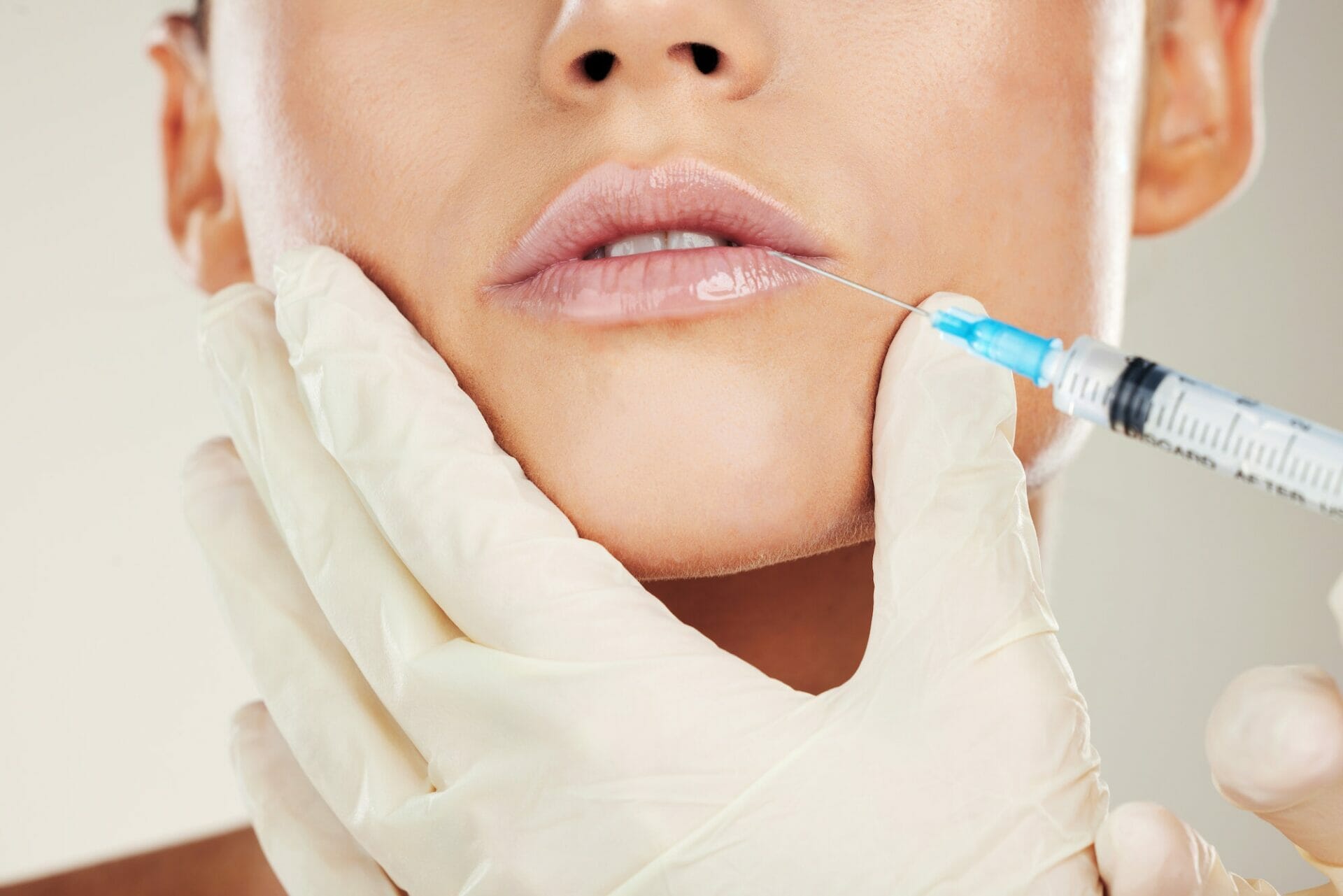 Skincare, mouth and collagen, woman with injection in lips from healthcare professional, anti aging